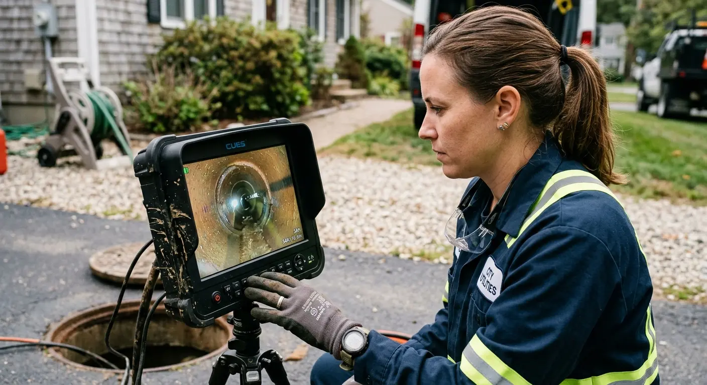 Technician reviewing sewer camera inspection footage in Santa Fe
