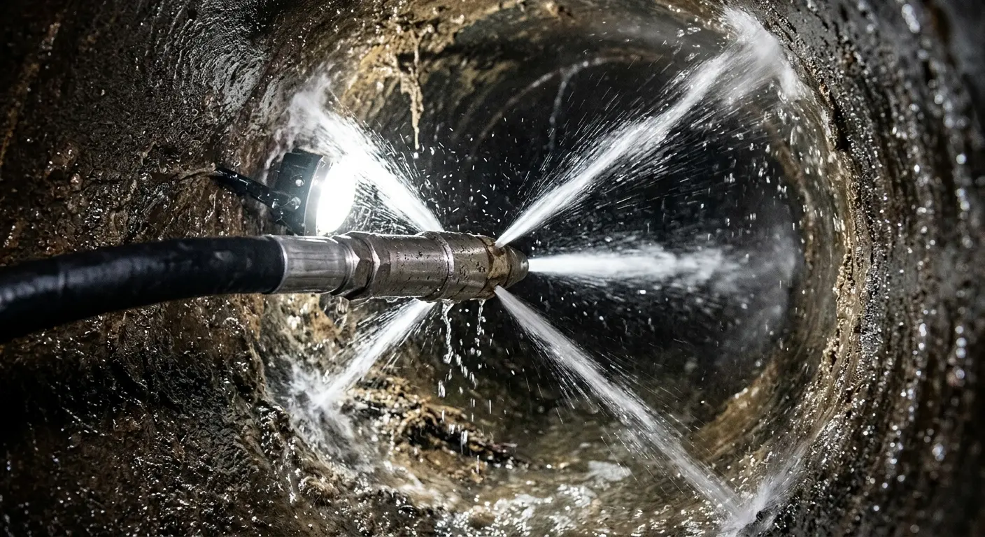 High-pressure hydro jetting nozzle cleaning sewer pipe for Storm Drain Cleaning in Santa Fe