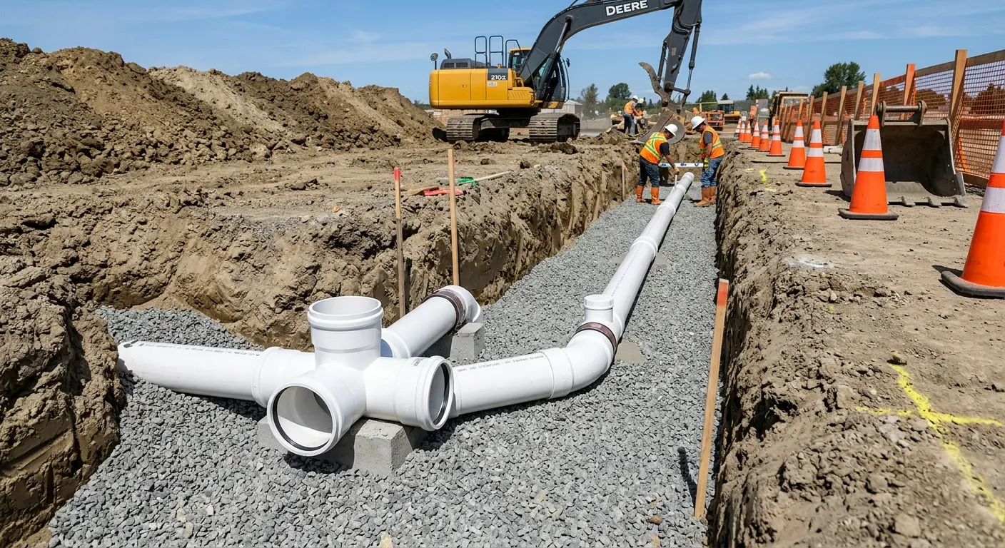 New PVC sewer pipe installation in open trench for Sewer Backup in Santa Fe
